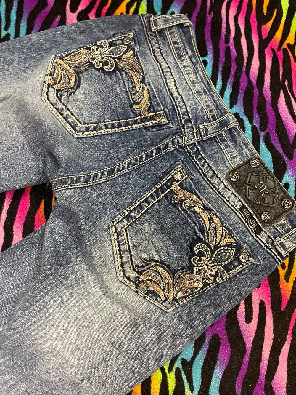 Miss Me Blue Embroidered Skinny Jeans with Gold Accents